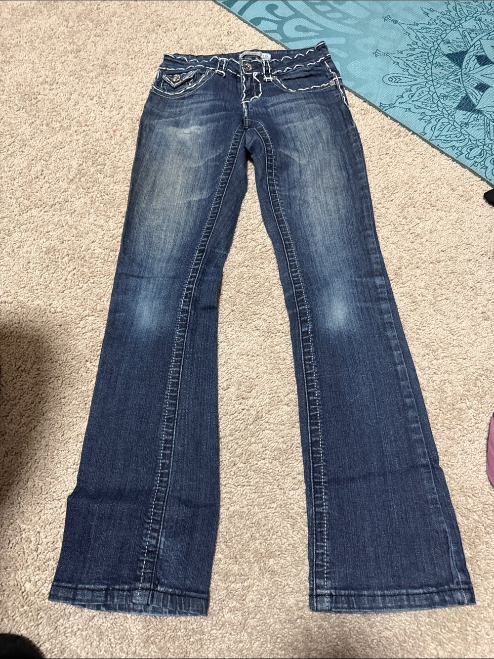 Miss Chic Jeans Indigo Flared Jeans with White Contrast Stitching
